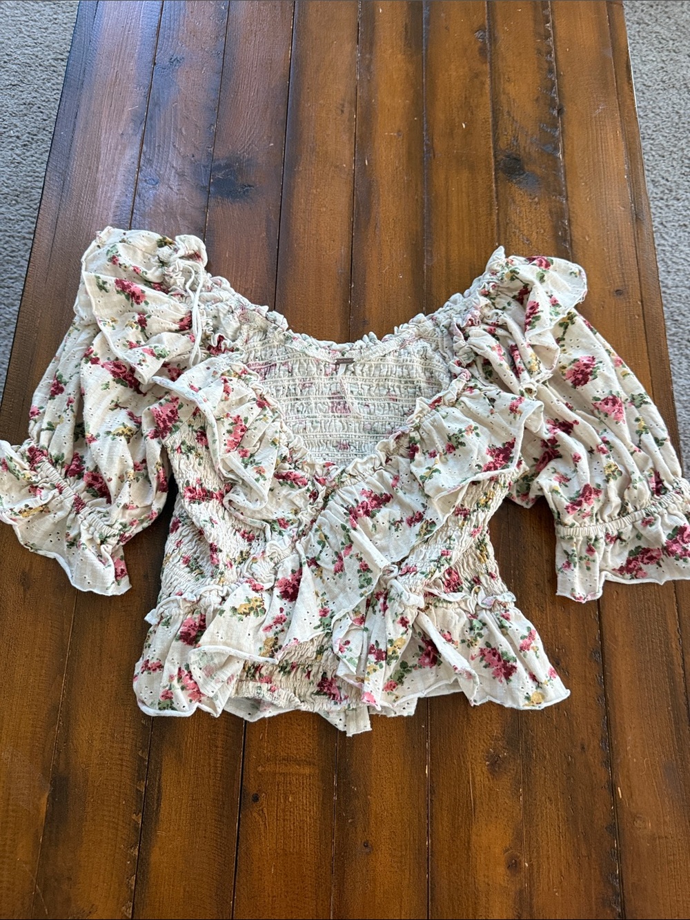Free People Cream Blouse with Pink Floral Ruffle Detail